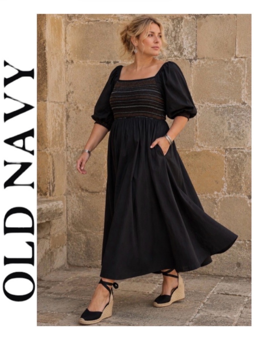 4X Old Navy Fit & Flare Cotton-Poplin Smocked Maxi Dress in Black, New